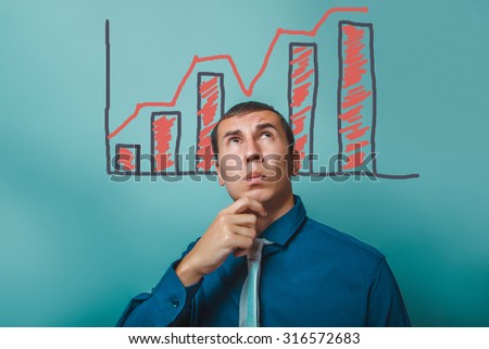 businessman thinking man holds his chin looks upward graph growth business strategy infographics studio blue background
