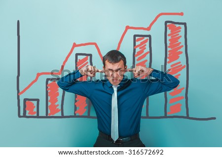 businessman man plugged his ears graph growth business strategy infographics studio blue background