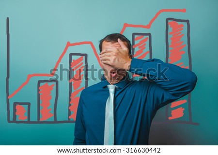 businessman man closed his eyes with his hands rise up the graph business strategy infographics studio blue background