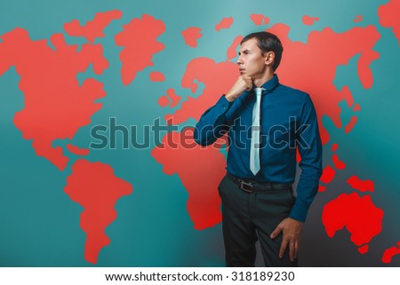 man male teacher Professor businessman thinking standing sideways search world map infographics studio background