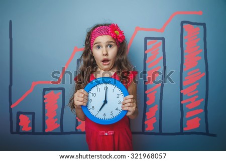 Teen student girl holding a clock surprising idea graph growth plate Business Infographics studio blue background