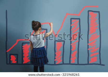 Teen student girl is writing back the idea of the growth chart tablet business infographics studio blue background