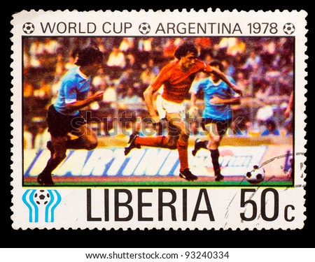 LIBERIA - CIRCA 1978: a stamp printed by LIBERIA, shows football players. World football cup ,Argentina, circa 1978