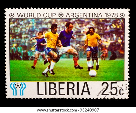 LIBERIA - CIRCA 1978: a stamp printed by LIBERIA, shows football players blue to yellow vests. World football cup ,Argentina, circa 1978