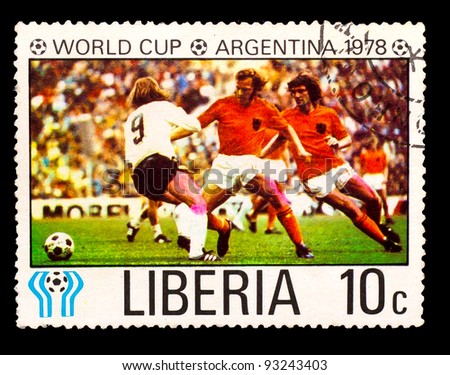 LIBERIA - CIRCA 1978: a stamp printed by LIBERIA, shows football players team Holland. World football cup ,Argentina, circa 1978