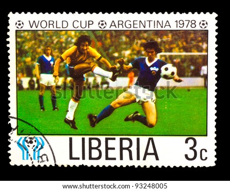 LIBERIA - CIRCA 1978: a stamp printed by LIBERIA, shows football players yellow to blue vests. World football cup , circa 1978