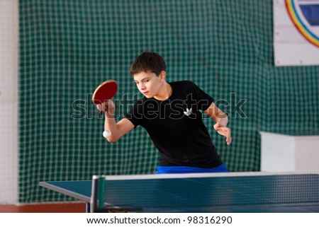URYUPINSK- RUSSIA - MARCH 17: athlete table tennis, ping-pong, Young Max Nevedrov, 14 Open Championship of memory Uryupinsk NS Demidenko, Uryupinsk-Russia, March 17 2012. teenagers playing