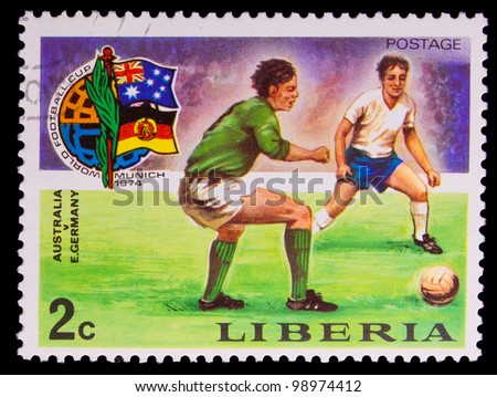 LIBERIA - CIRCA 1974: A post stamp printed LIBERIA, Australia v. Germany football World Cup in Munich, Germany, circa 1974