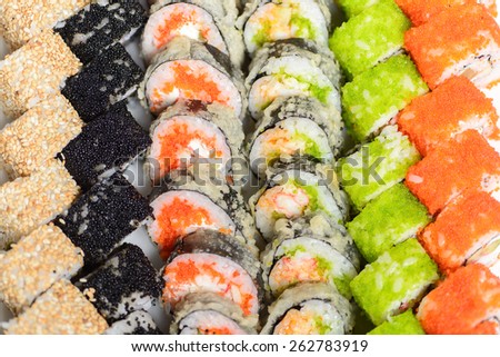 Japanese dish of different sushi rolls arranged in lines