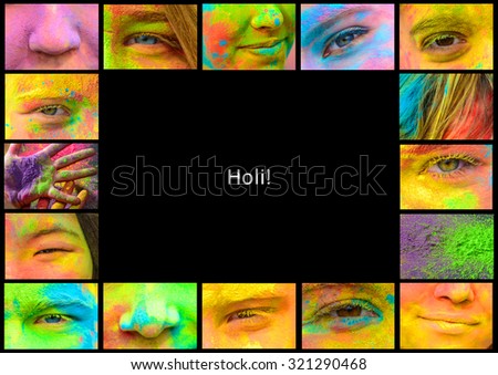 Frame of pictures of holi painted people body parts