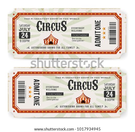 Circus Tickets Front And Back Side/
Illustration of two circus tickets, with big top, admit one coupon mention, bar code and text elements for arts festival events