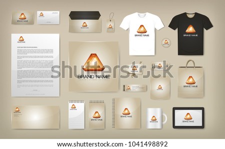 Corporate Visual Identity Mock Up/
Illustration of a business corporate visual identity mock up, with logo, brand on multiple objects and merchandise