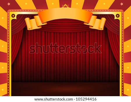 Circus Poster With Stage And Red Curtains/ Illustration of an horizontal retro red and yellow circus background with stage and red curtains for arts events and entertainment background