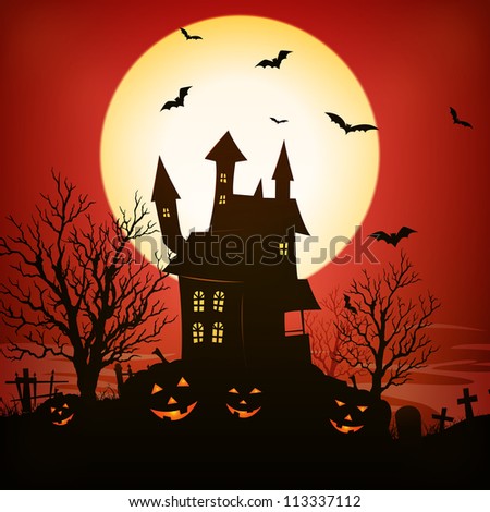 Halloween Background/ Illustration of a spooky haunted house inside red halloween holidays horror background