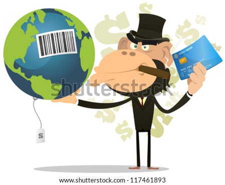 Selling And Buying Earth/ Illustration of a funny cartoon gorilla businessman crook buying and selling earth with credit card