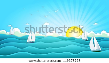 Sailing Boats In Wide Summer Ocean/ Illustration of a cartoon ocean landscape with yachts and sailing boats for spring or summer holiday vacations, including seagulls, rough sea and bright sunshine
