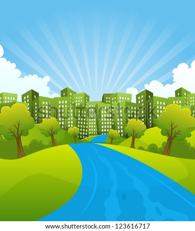 Green City In Summer Time/ Illustration of a cartoon summer or spring country river going to green cityscape, for environment and ecology background