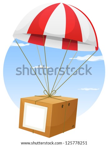 Airmail Shipping Delivery/ Illustration of a cartoon parachute holding and delivering cardboard box by air shipping, with empty blank sign and sky background