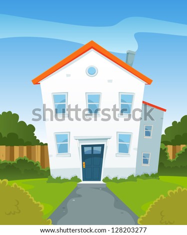 Spring House In Garden/ Illustration Of A Cartoon Suburban Residential ...