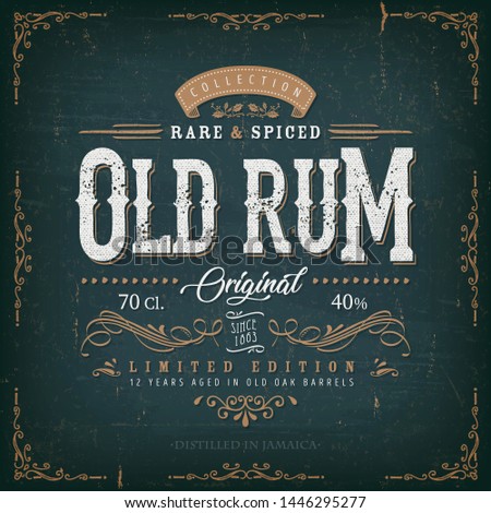 Vintage Old Rum Label For Bottle/
Illustration of a vintage design elegant rum beverage label, with crafted letterring, specific product mentions, textures and floral patterns