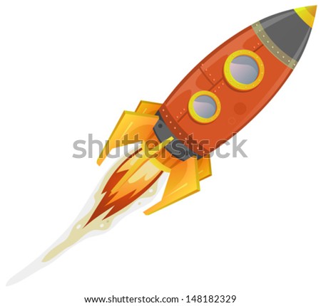 Comic Rocket Ship / Illustration of a cartoon retro red iron spaceship blasting off and flying isolated on white