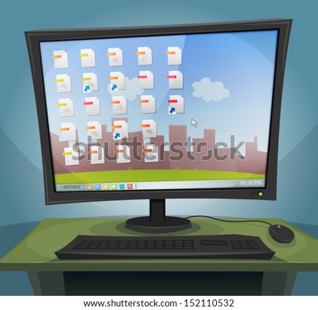 Desktop Computer with Operating System On Screen/ Illustration of a cartoon desktop computer at night, with screen turned on, within files icons, folders and wallpaper landscape background