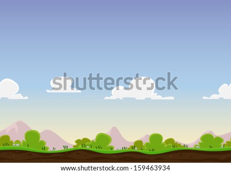 Seamless Spring Landscape/ Illustration of a cartoon seamless never ending horizontal spring or summer landscape background loop, with grass, soil, bush, mountains range and clouds in the sky