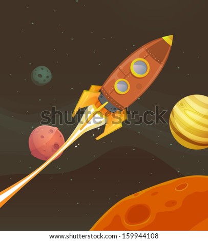 Rocket Ship Flying Through Space/ Illustration of a cartoon retro red spaceship blasting off and exploring space and planets