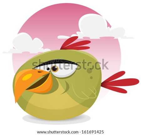 Toon Exotic Bird/ Illustration of a funny tiny cartoon tropical parrot bird character smiling on a pink sky background