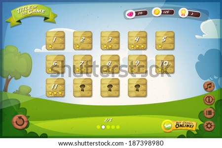 Game User Interface Design/ Illustration of a funny spring graphic gui background, in cartoon style with basic buttons and functions, status bar, vintage retro background, for wide screen tablet