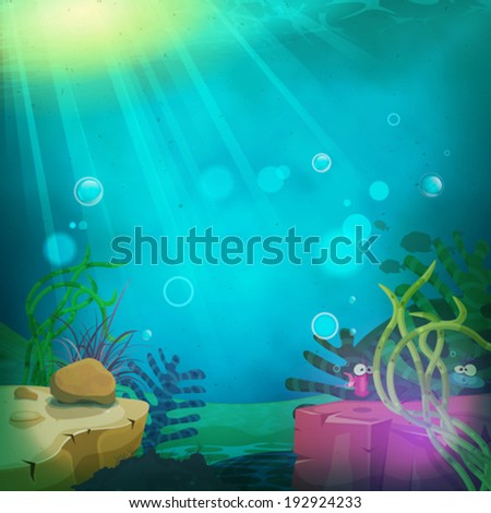 Funny Submarine Ocean Landscape/ Illustration of a cartoon funny submarine ocean landscape with aquatic plants, cute fishes characters and sea wildlife