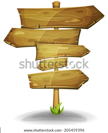 Wood Road Signs Arrows/ Illustration of a cartoon comic wooden road and transportation arrows signs, on stake for advertisement messages or game ui graphic menu design