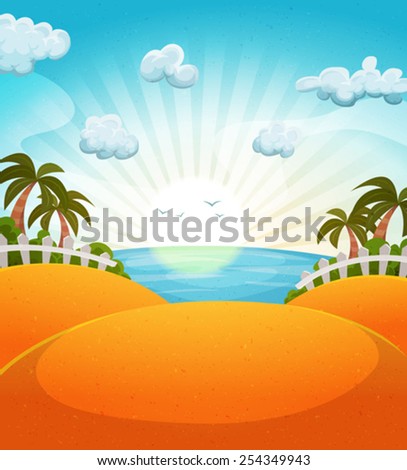 Cartoon Summer Beach Landscape/ Illustration of a cartoon summer ocean beach landscape with palm trees and sun shining
