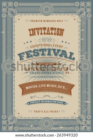Vintage Holiday Festival Invitation Background/\
Illustration of an elegant vintage fourth of july invitation to a festival event with floral patterns, frames, banners, grunge texture and retro design