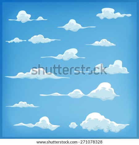 Cartoon Clouds Set On Blue Sky Background/
Illustration of a set of funny cartoon clouds, smoke patterns and fog icons, for filling your sky scenes or ui games backgrounds