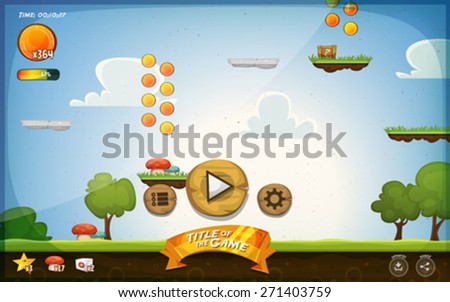 Platform Game User Interface For Tablet/
Illustration of a funny graphic cartoon platform game user interface design,with buttons, icons, status bar, seamless grass and spring landscape, for tablet pc