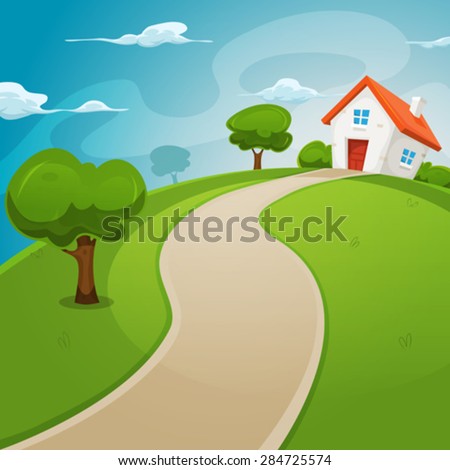 House Inside Green Fields/\
Illustration of a cartoon house on a top of a hill in spring or summer season, inside rounded green landscape