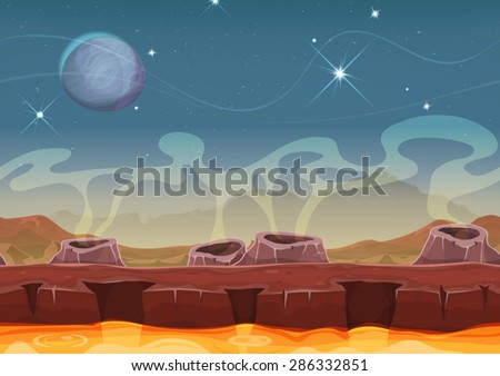 Fantasy Alien Planet Desert Landscape For Ui Game/\
Illustration of a seamless cartoon sci-fi alien planet landscape background, with parallax layers, volcano crater, magma river and stars for ui game
