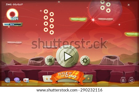 Scifi Platform Game User Interface For Tablet/
Illustration of a platform game user interface, in cartoon style with basic buttons and icons for tablet pc, on seamless scifi alien planet landscape