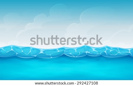 Seamless Summer Ocean Background For Ui Game/\
Illustration of cartoon wide seamless water waves and ocean patterns, for summer holidays vacations landscape, or repetitive background for ui game