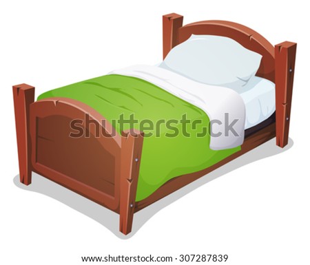 Wood Bed With Green Blanket/
Illustration of a cartoon wooden children bed for boys and girls with pillows and green blanket