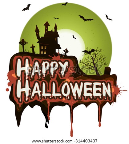Halloween Holidays Banner/\
Illustration of a cartoon happy halloween holidays spooky horror background, with haunted castle, tombstone, graveyard, fog, full moon and vampire bats