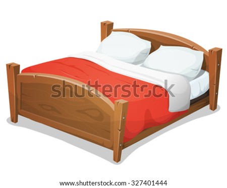 Wood Double Bed With Red Blanket/
Illustration of a cartoon wooden double big bed for couples with pillows and red blanket