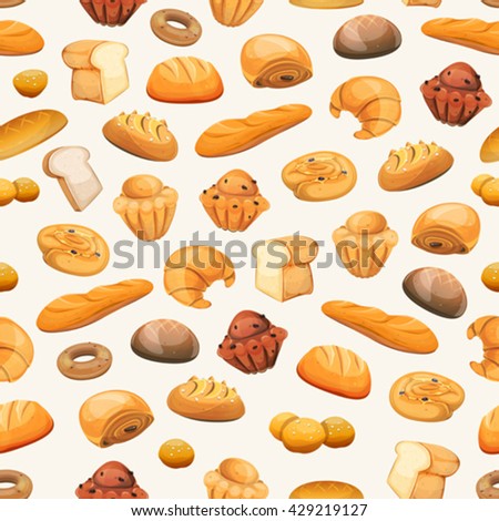 Seamless Bakery Icons Background Seamless bakery and pastry products background, with bread and breakfast icons, brioche, viennoiserie, cakes, crescent, donuts, biscuits, desserts and sweets