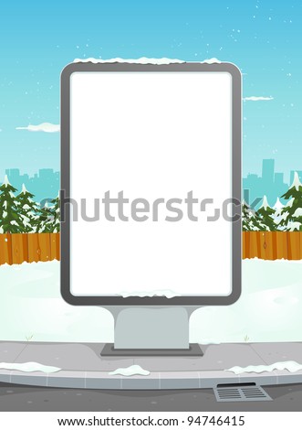 White Billboard On Winter Urban Background/ Illustration of a cartoon winter urban landscape with billboard for advertisement  background