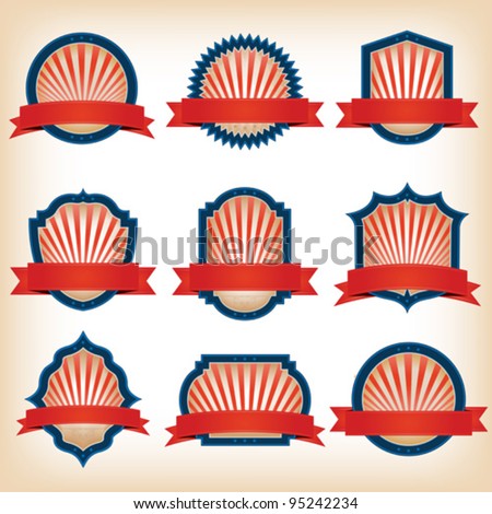 Fourth Of July Ribbons, Shields, Labels And Banners/ Collection of shield and other badges with banners, labels, ribbons  for fourth of july holidays or patriotic red and blue event
