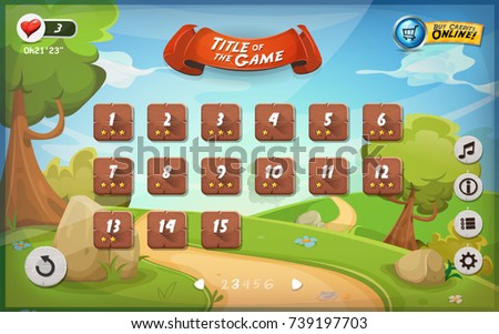 Game User Interface Design For Tablet/
Illustration of a funny graphic game user interface background, in cartoon style with spring nature landscape, basic buttons and functions and status bar