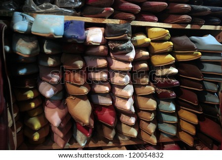 FES, MOROCCO - CIRCA NOV. 2011: A shoe display in the markets of this north African country\'s primary trade city still reflect its trading roots in Fes, Morocco circa Nov. 2011