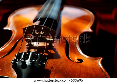 Violin in a dark red velvet case.