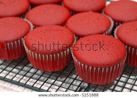 Red Velvet Cupcakes cooling on a rack, fresh out of the oven.